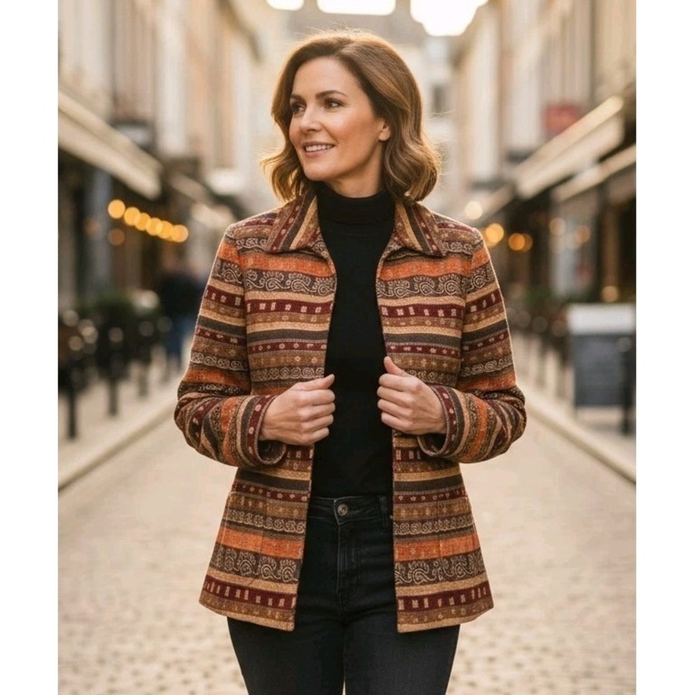 Alfred Dunner Open Front Tapestry Blazer Jacket Women SZ 10 Multicolor Striped